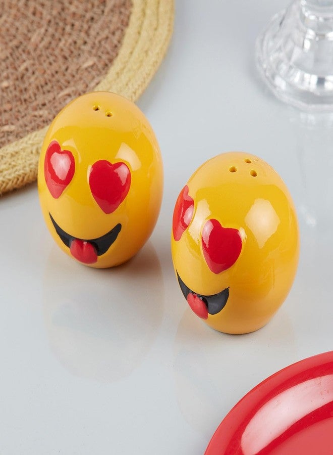 Kookee Ceramic Salt and Pepper Shakers Set with Tray - Elegant Namak Dani, Spice Sprinkler & Dispenser for Dining Table, Kitchen & Restaurant Use, Yellow, Smilie (10185) - Image 2